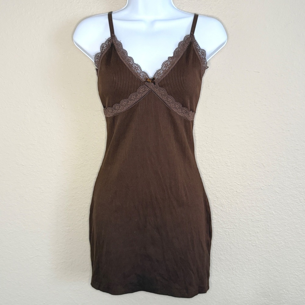 Y2K Womens Medium Brown Babydoll Mini Dress Lace Ribbed Dainty Feminine Coquette